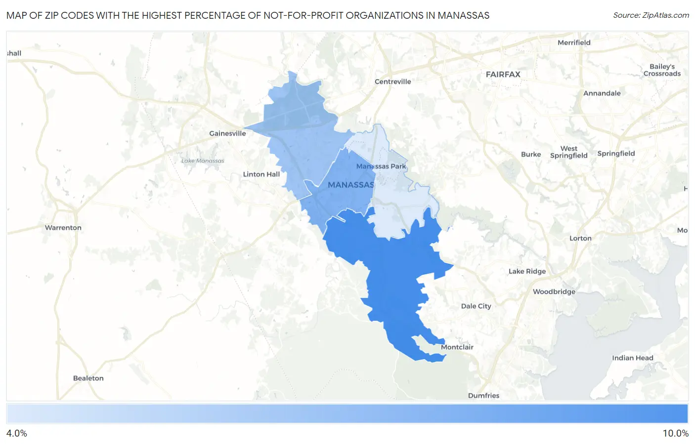 Zip Codes with the Highest Percentage of Not-for-profit Organizations in Manassas Map