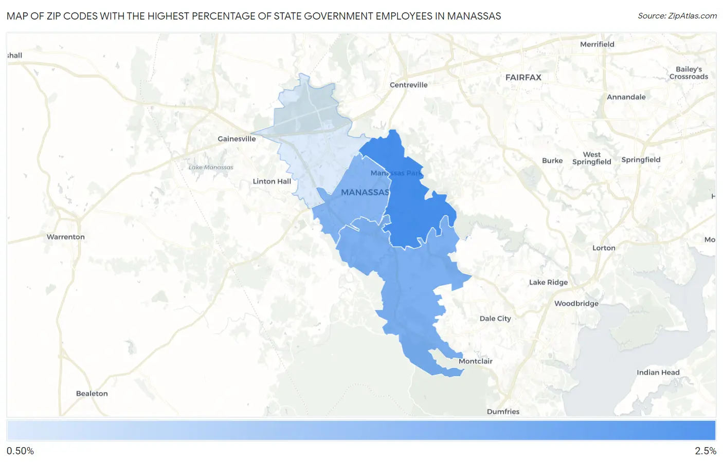 Zip Codes with the Highest Percentage of State Government Employees in Manassas Map