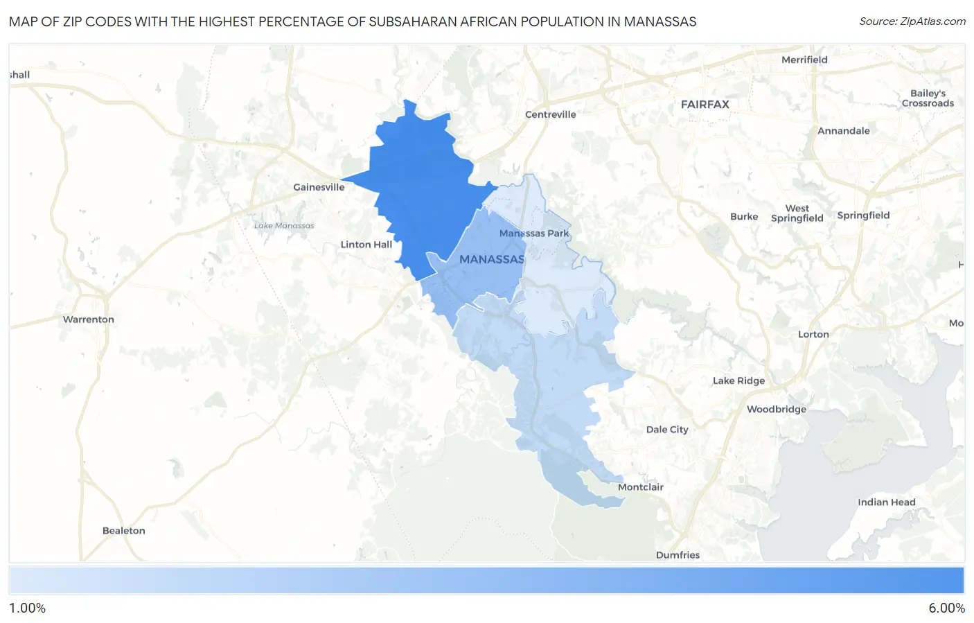 Zip Codes with the Highest Percentage of Subsaharan African Population in Manassas Map