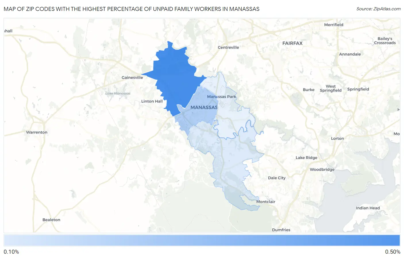 Zip Codes with the Highest Percentage of Unpaid Family Workers in Manassas Map