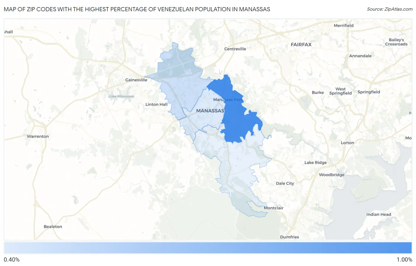 Zip Codes with the Highest Percentage of Venezuelan Population in Manassas Map