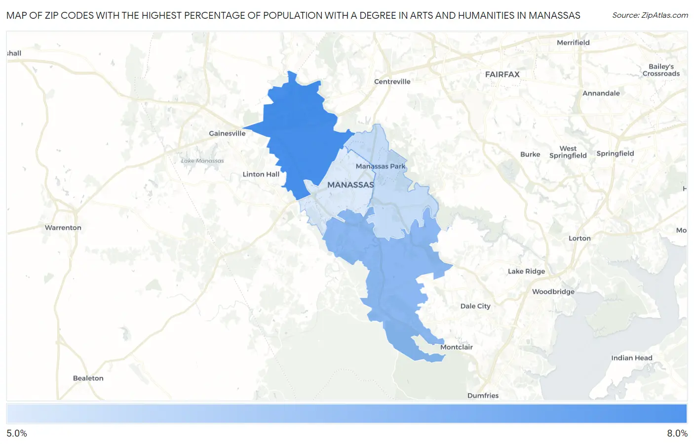Zip Codes with the Highest Percentage of Population with a Degree in Arts and Humanities in Manassas Map