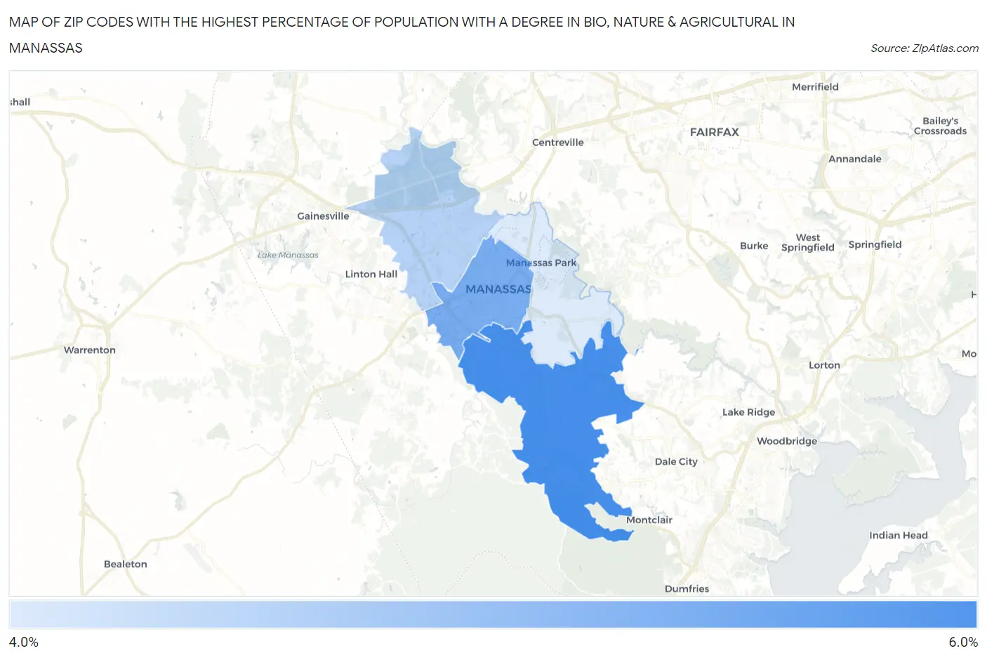 Zip Codes with the Highest Percentage of Population with a Degree in Bio, Nature & Agricultural in Manassas Map