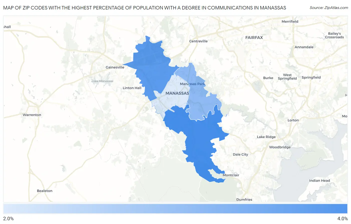 Zip Codes with the Highest Percentage of Population with a Degree in Communications in Manassas Map