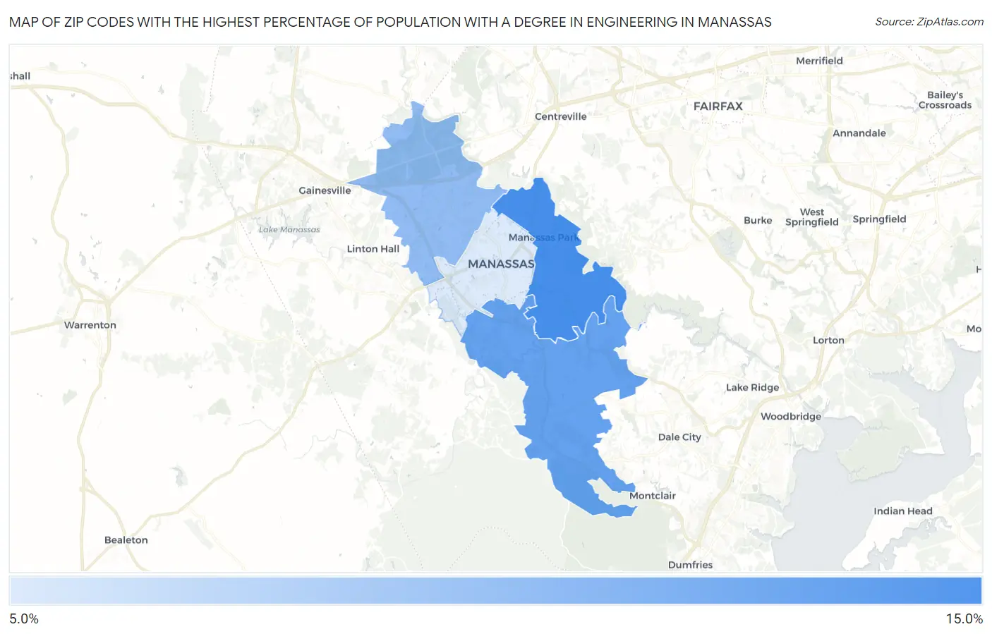 Zip Codes with the Highest Percentage of Population with a Degree in Engineering in Manassas Map