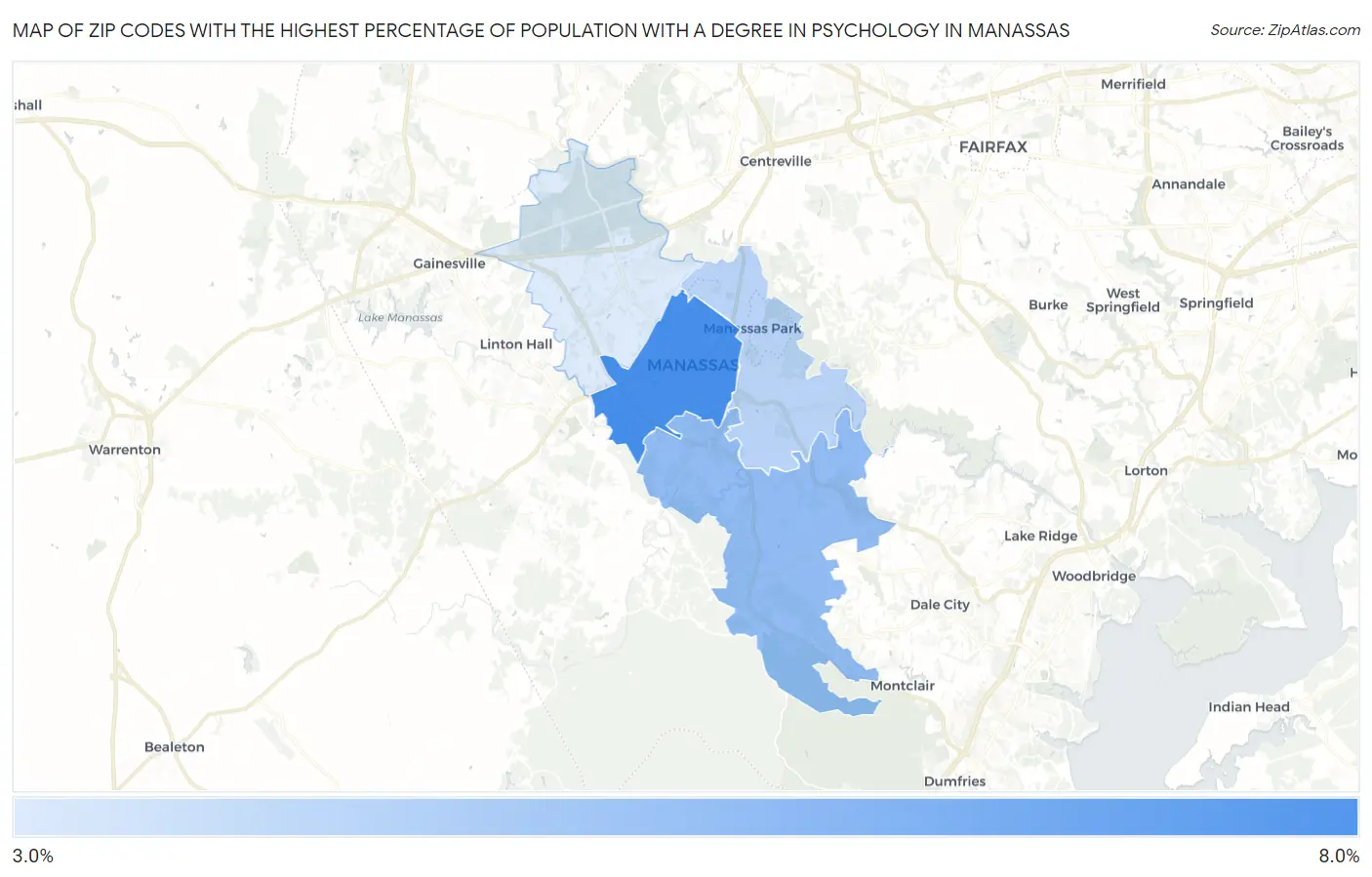 Zip Codes with the Highest Percentage of Population with a Degree in Psychology in Manassas Map