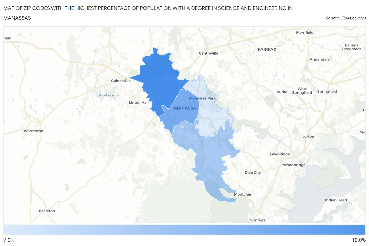 Zip Codes with the Highest Percentage of Population with a Degree in Science and Engineering in Manassas Map