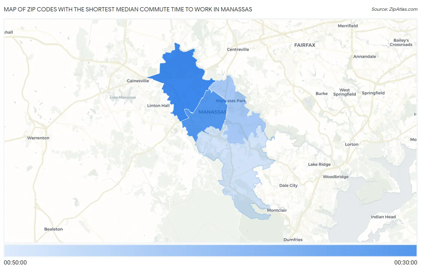 Zip Codes with the Shortest Median Commute Time to Work in Manassas Map