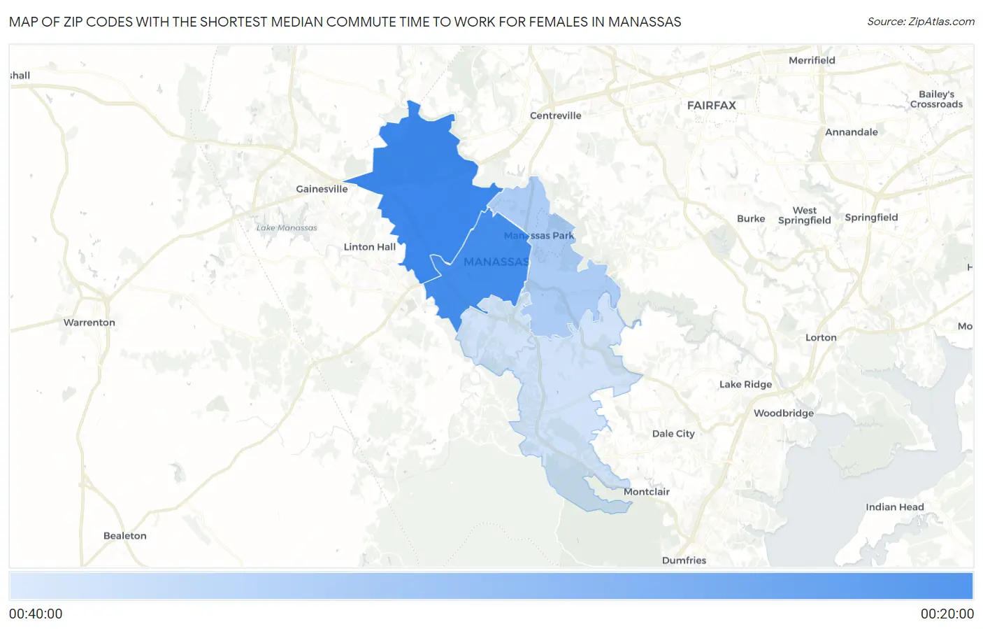 Zip Codes with the Shortest Median Commute Time to Work for Females in Manassas Map