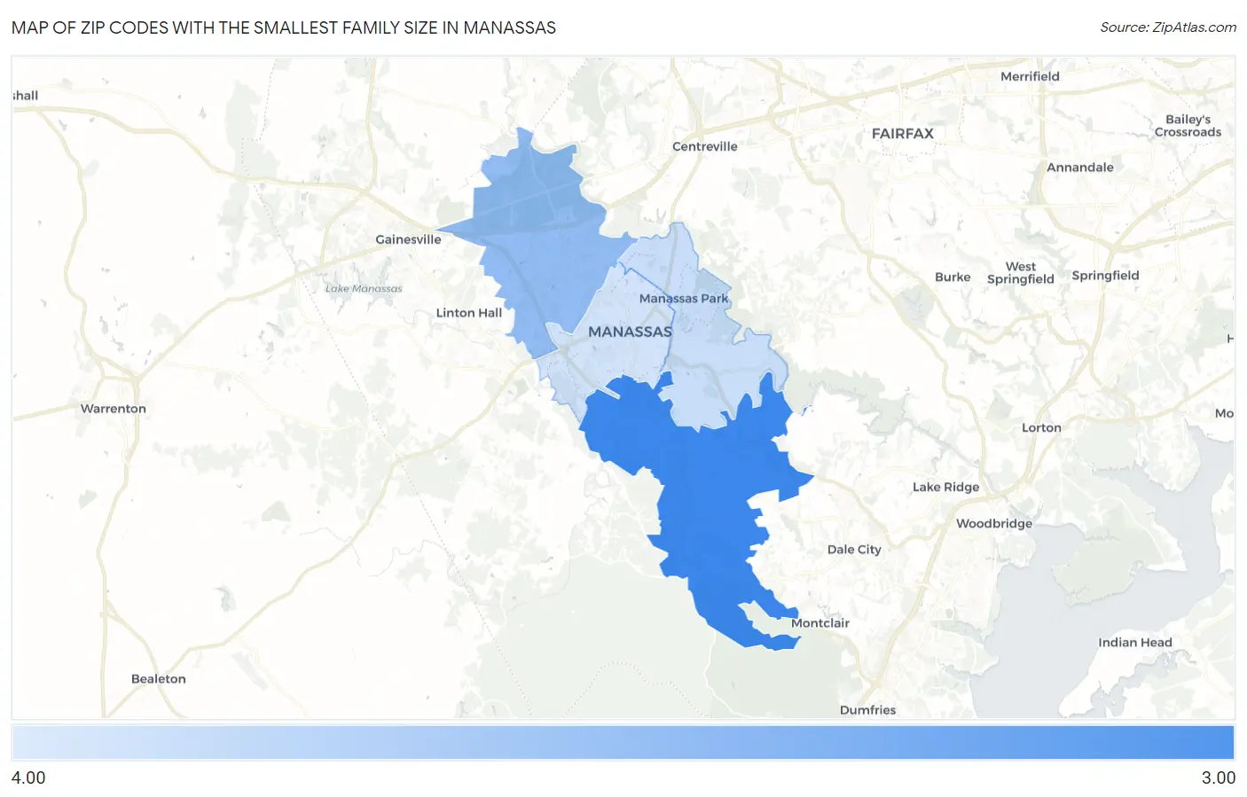 Zip Codes with the Smallest Family Size in Manassas Map