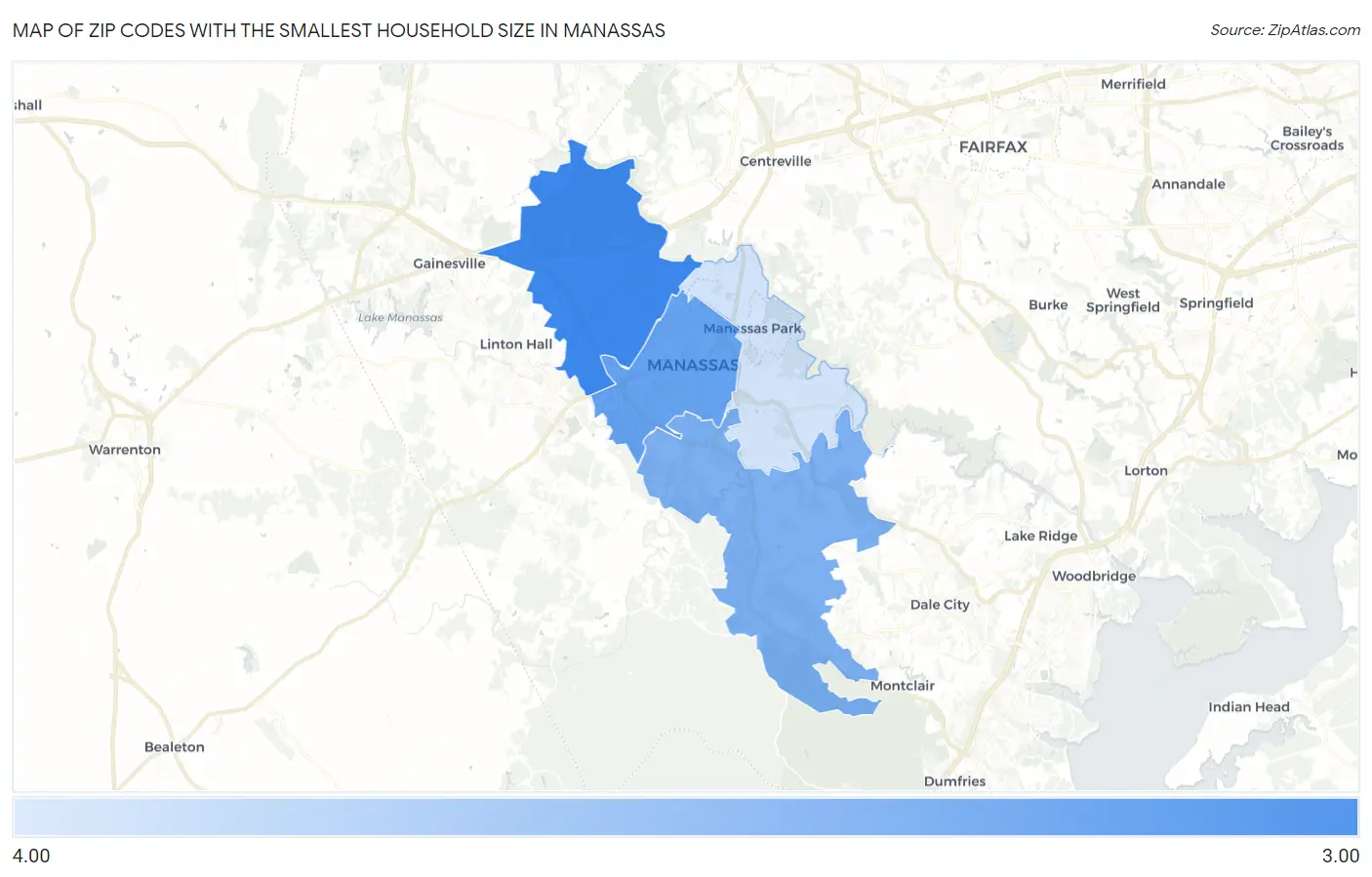 Zip Codes with the Smallest Household Size in Manassas Map