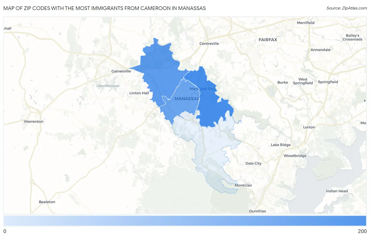 Zip Codes with the Most Immigrants from Cameroon in Manassas Map