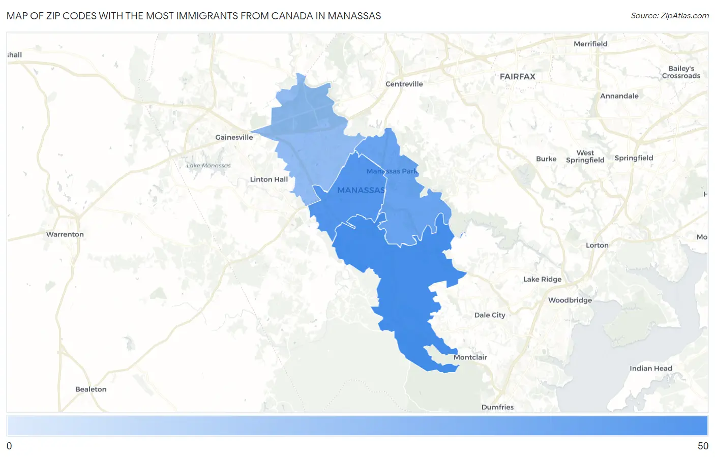 Zip Codes with the Most Immigrants from Canada in Manassas Map