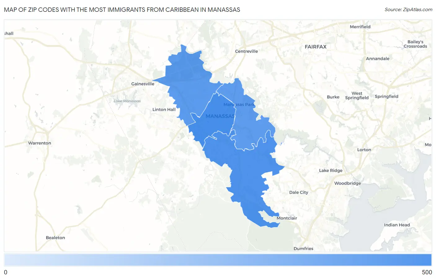 Zip Codes with the Most Immigrants from Caribbean in Manassas Map