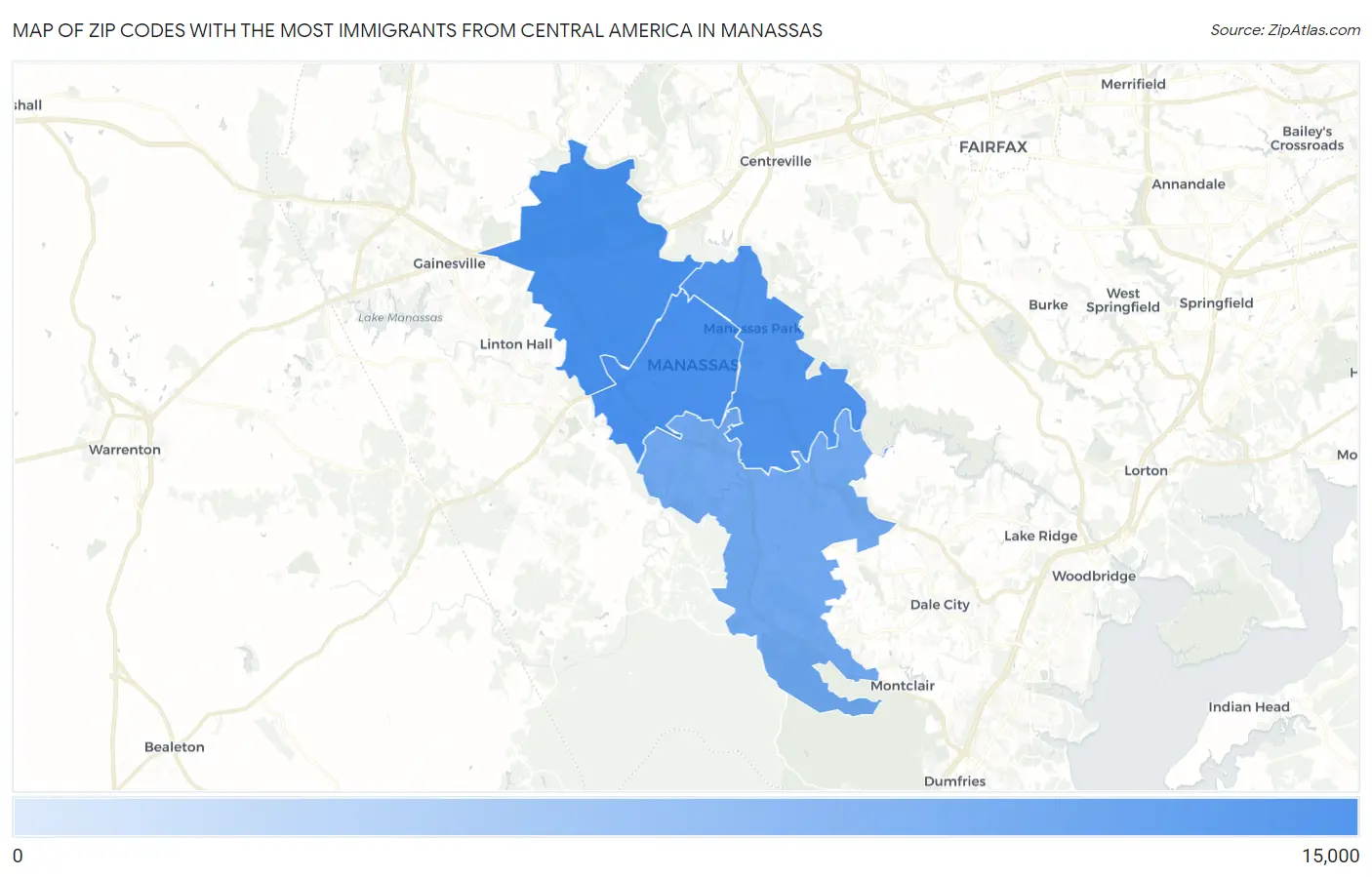 Zip Codes with the Most Immigrants from Central America in Manassas Map