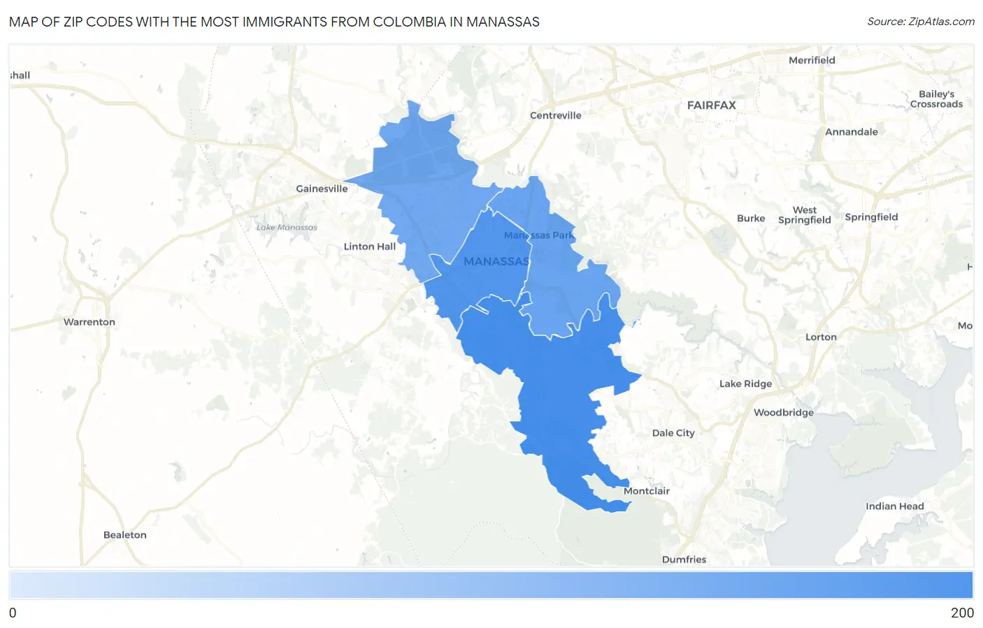 Zip Codes with the Most Immigrants from Colombia in Manassas Map