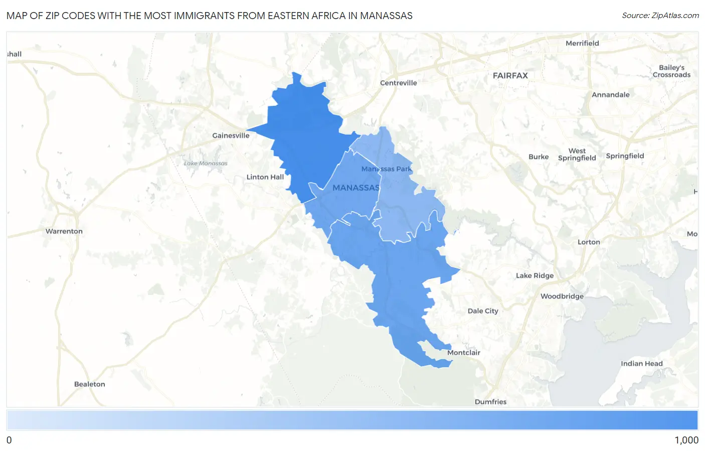 Zip Codes with the Most Immigrants from Eastern Africa in Manassas Map