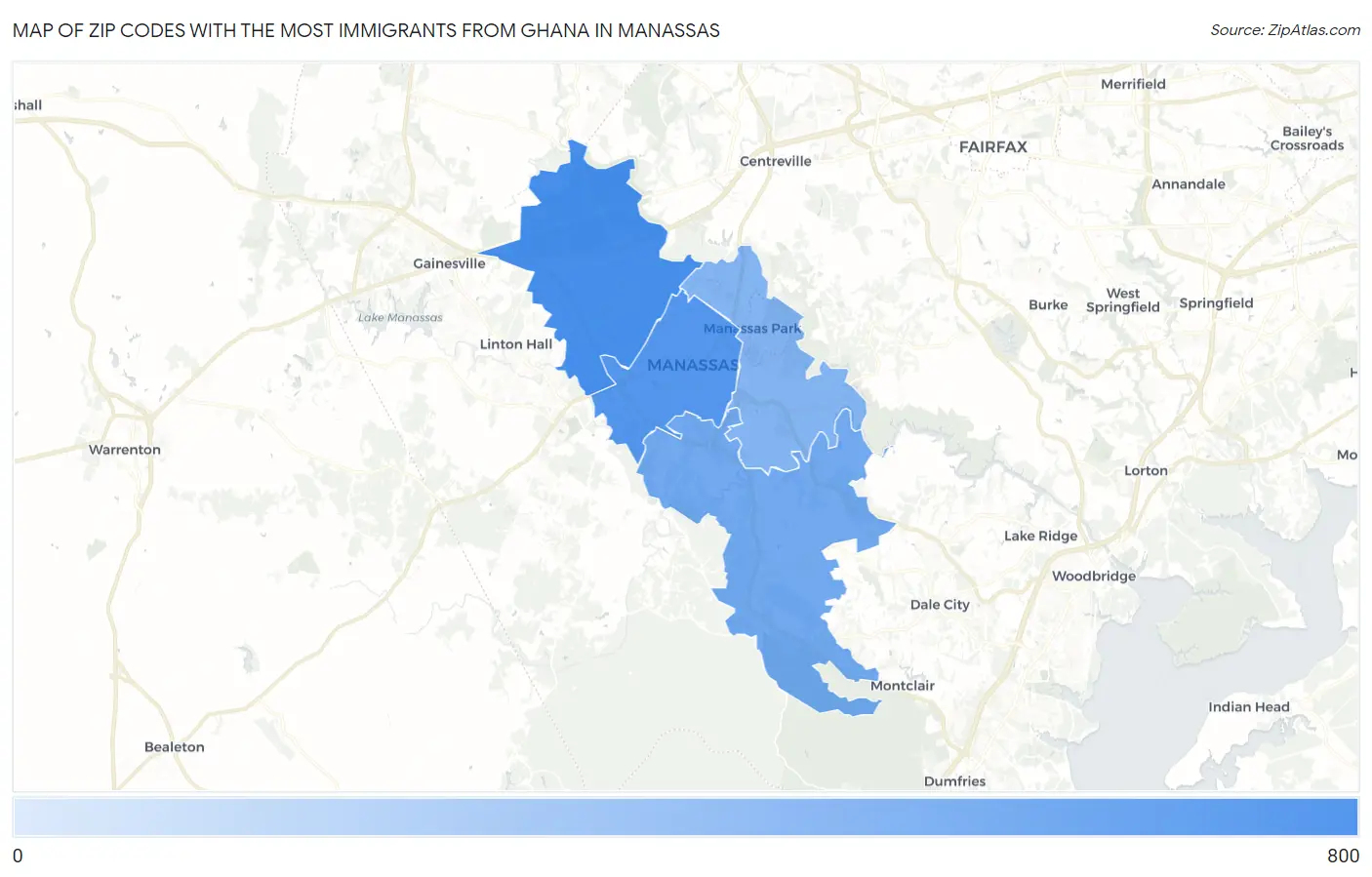 Zip Codes with the Most Immigrants from Ghana in Manassas Map