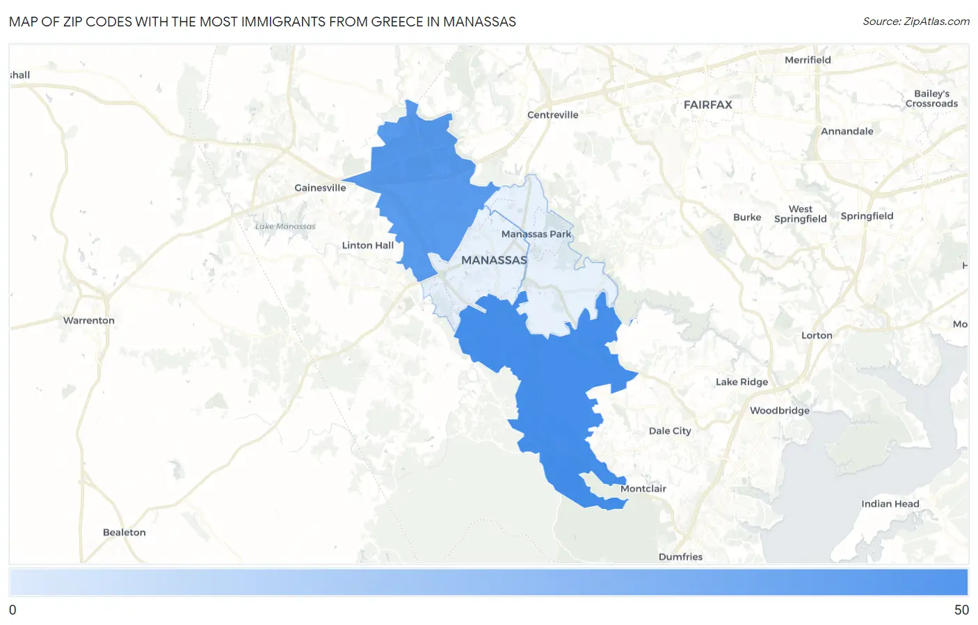 Zip Codes with the Most Immigrants from Greece in Manassas Map