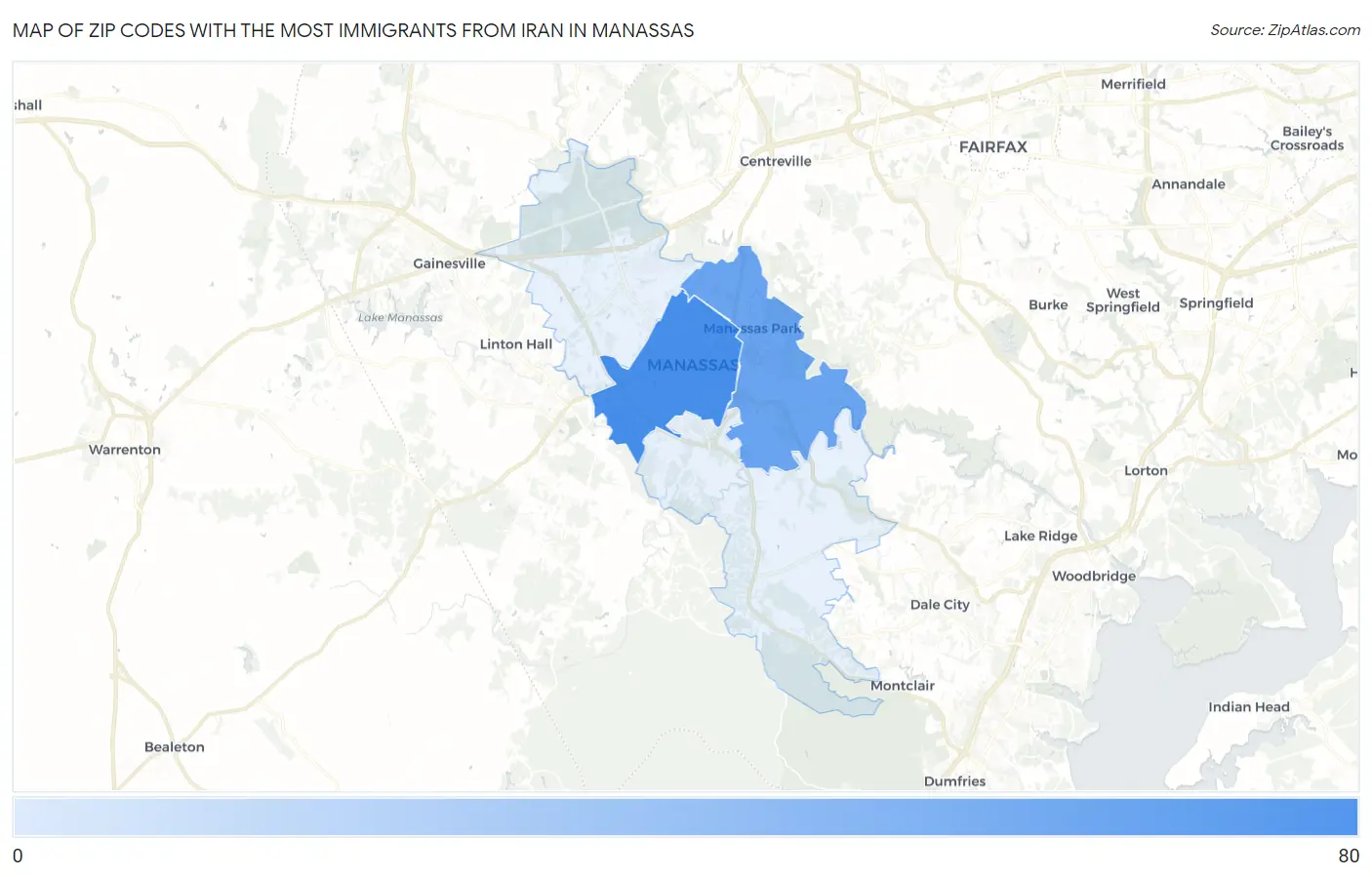 Zip Codes with the Most Immigrants from Iran in Manassas Map