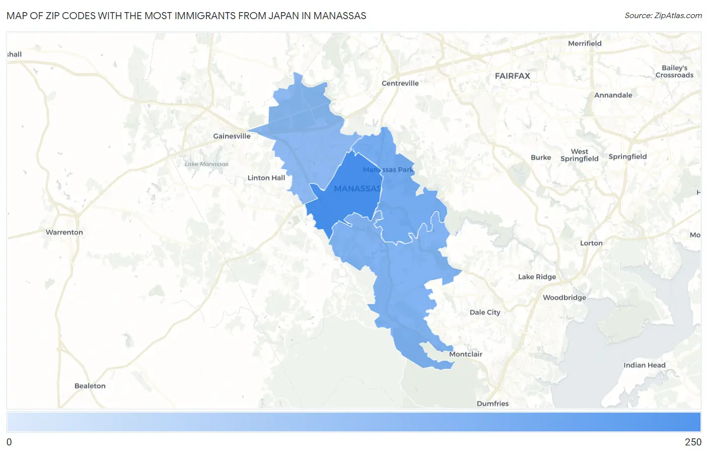 Zip Codes with the Most Immigrants from Japan in Manassas Map