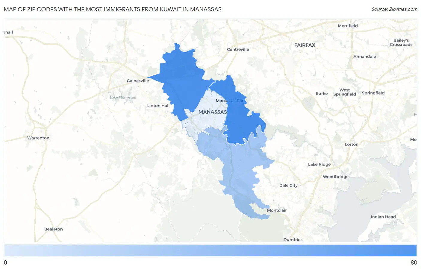 Zip Codes with the Most Immigrants from Kuwait in Manassas Map