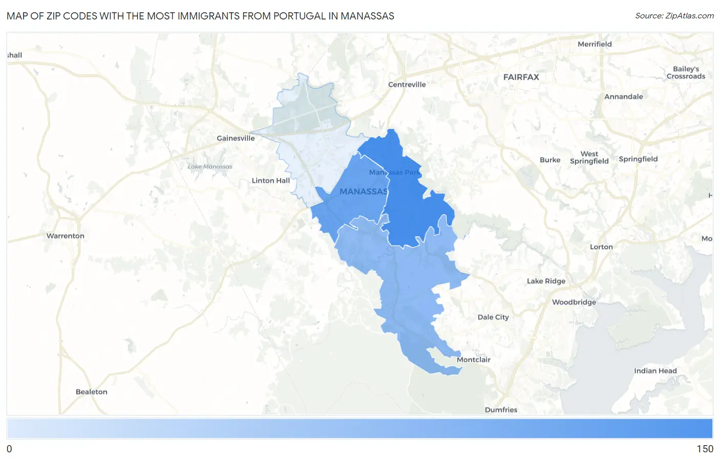 Zip Codes with the Most Immigrants from Portugal in Manassas Map