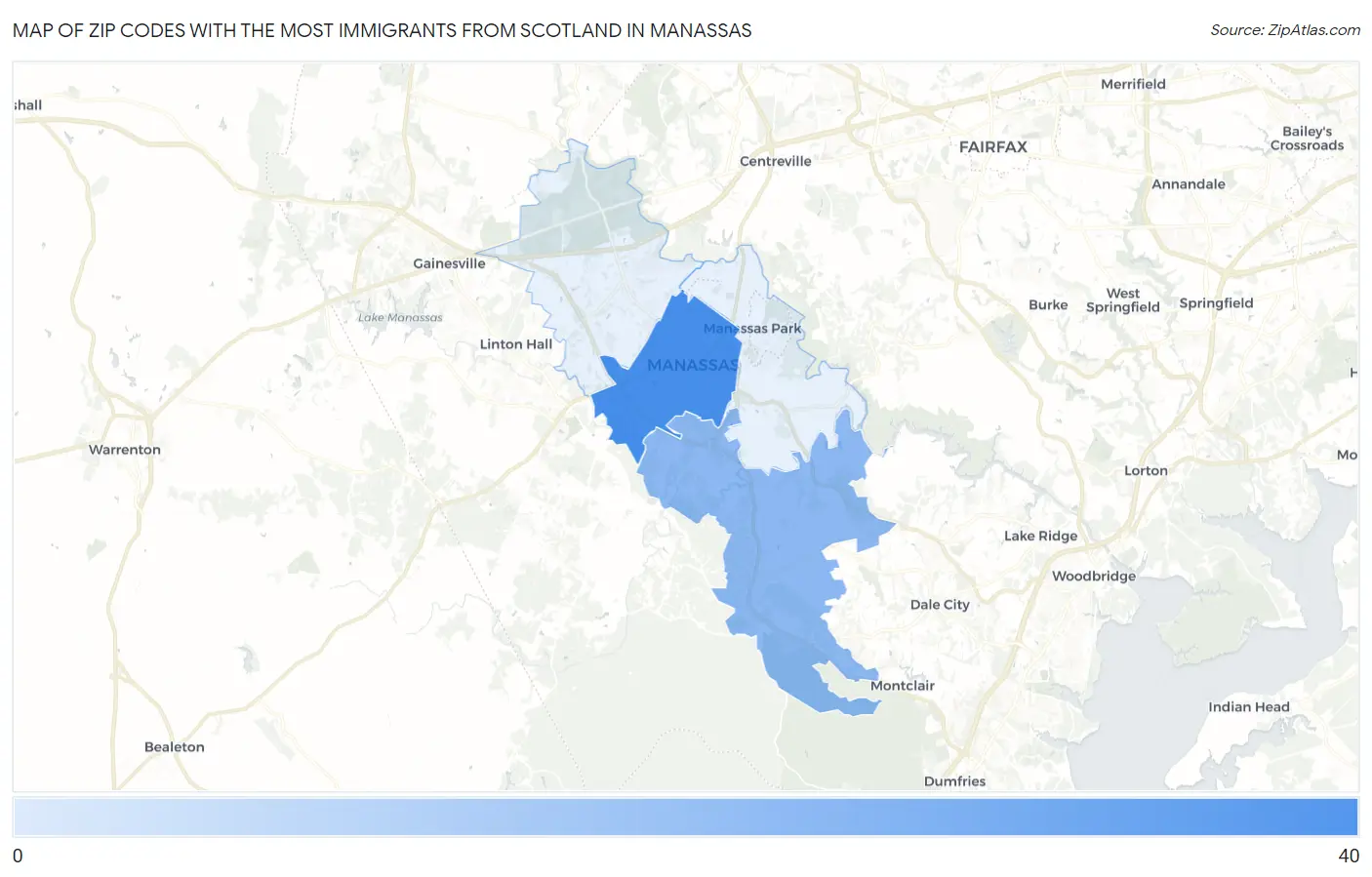 Zip Codes with the Most Immigrants from Scotland in Manassas Map