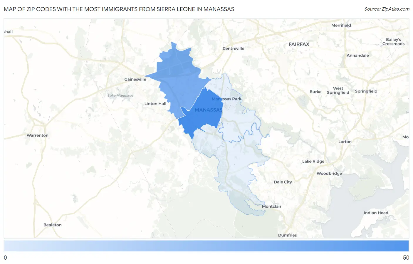 Zip Codes with the Most Immigrants from Sierra Leone in Manassas Map