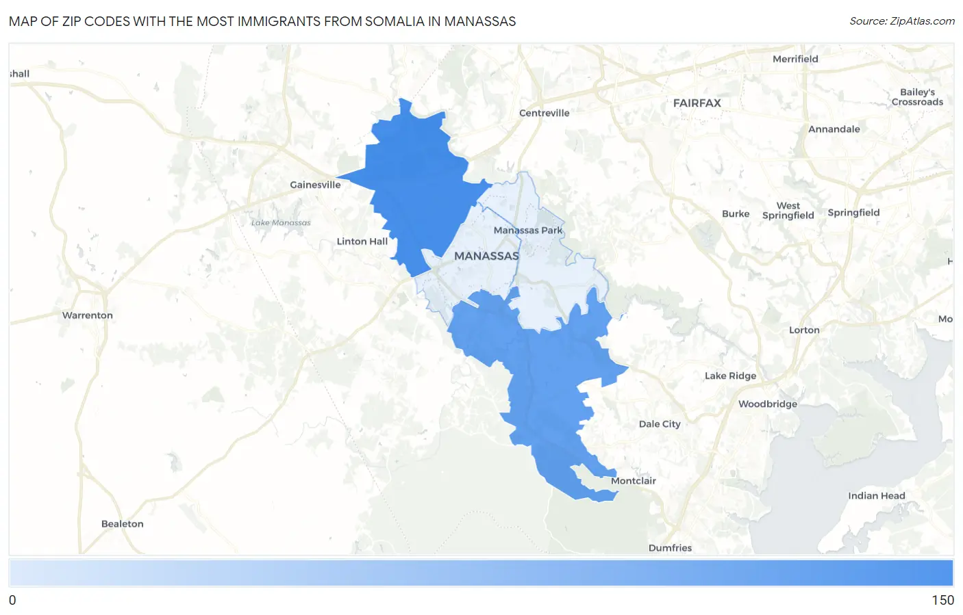 Zip Codes with the Most Immigrants from Somalia in Manassas Map
