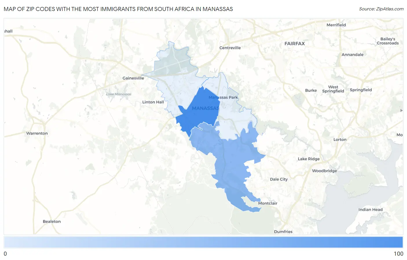 Zip Codes with the Most Immigrants from South Africa in Manassas Map