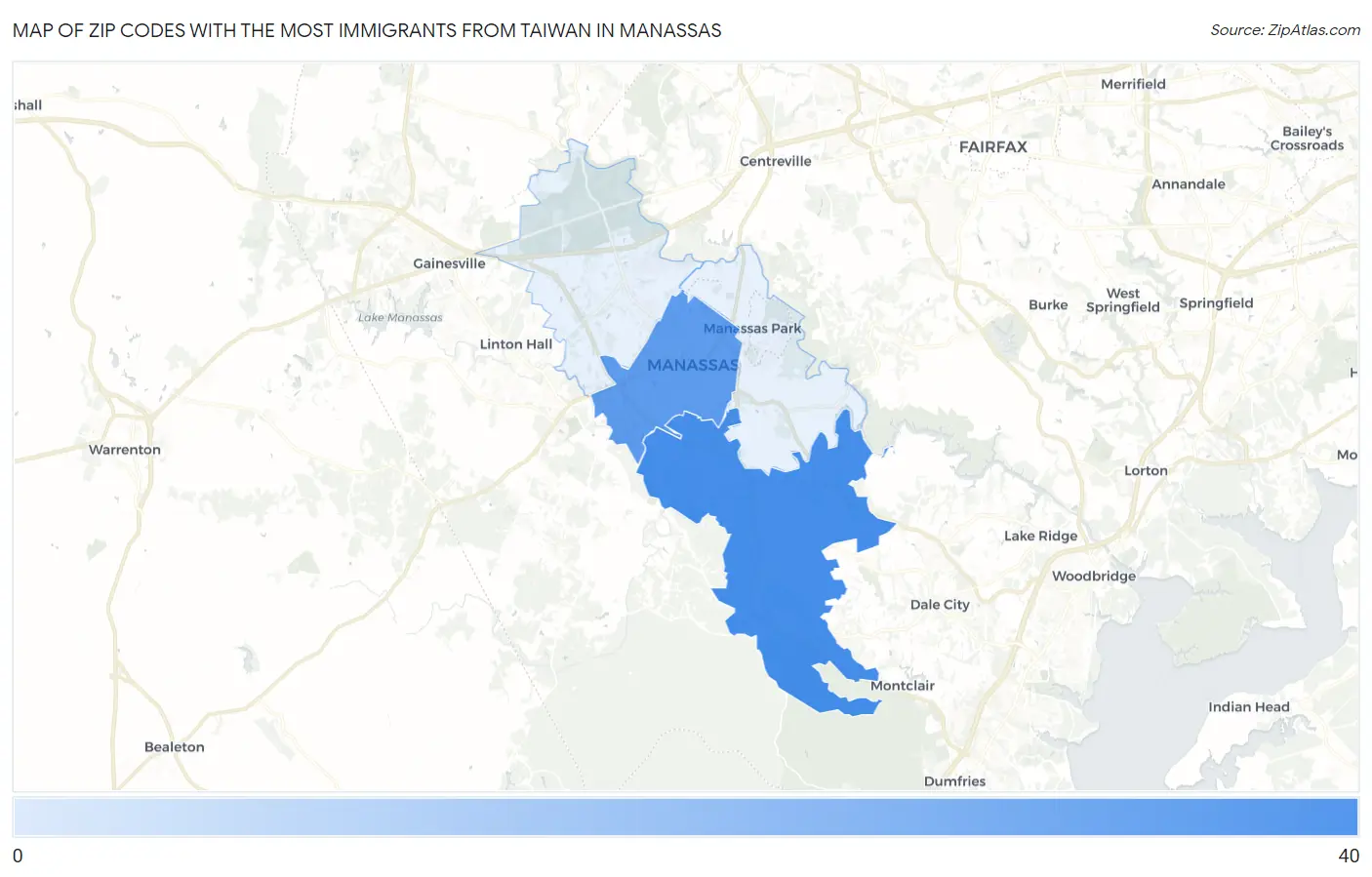 Zip Codes with the Most Immigrants from Taiwan in Manassas Map