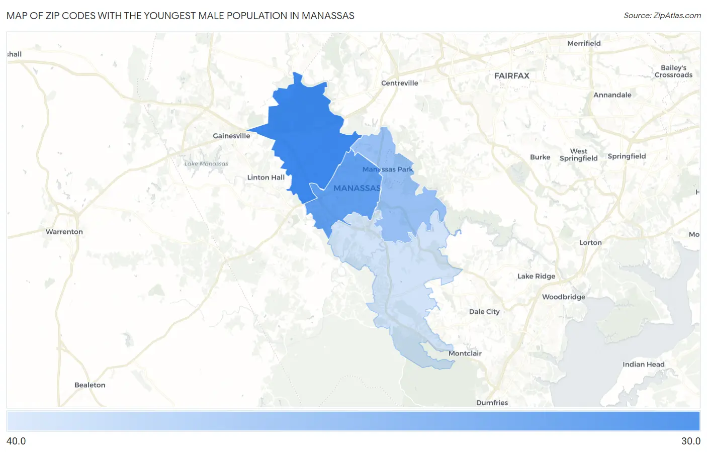 Zip Codes with the Youngest Male Population in Manassas Map