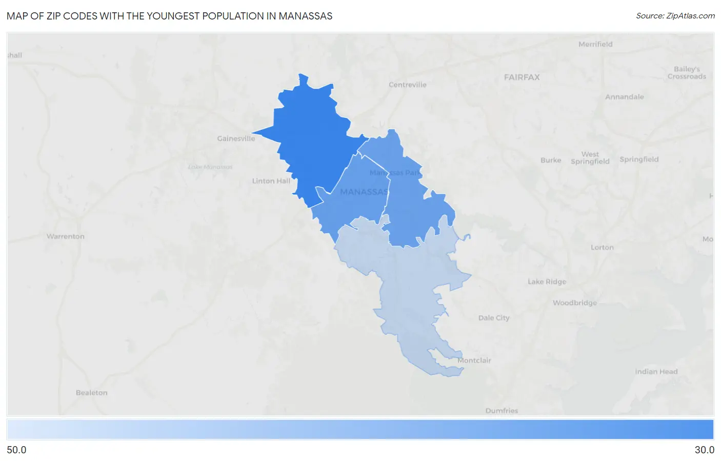 Zip Codes with the Youngest Population in Manassas Map