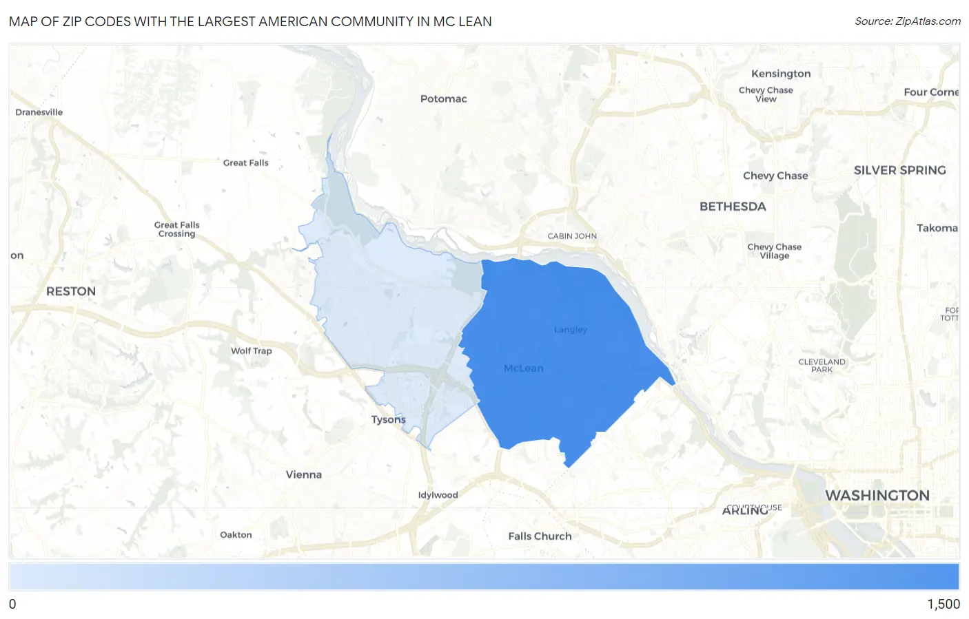 Zip Codes with the Largest American Community in Mc Lean Map
