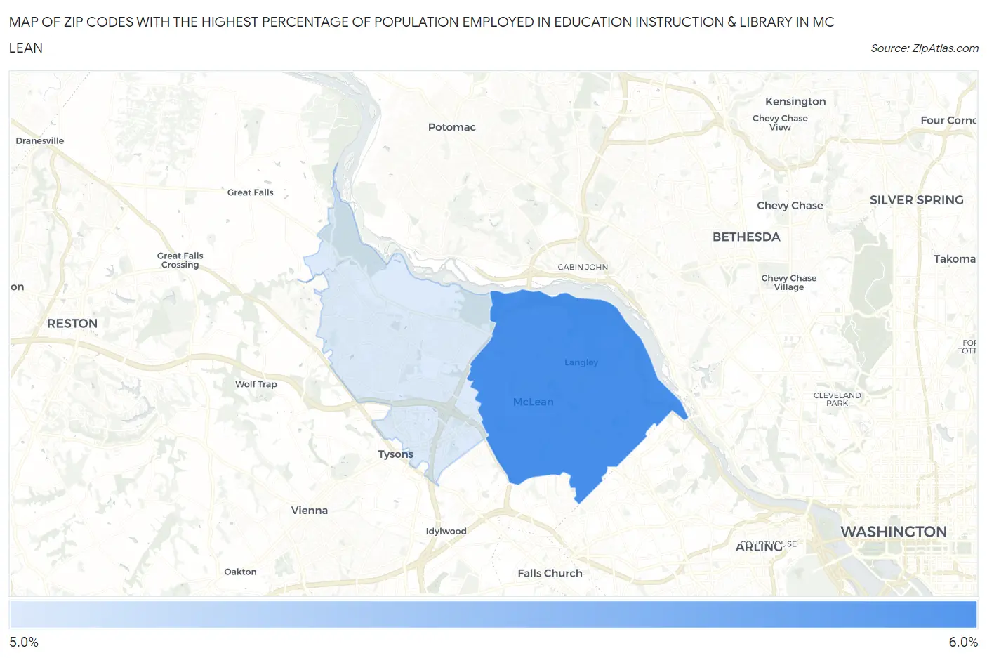 Zip Codes with the Highest Percentage of Population Employed in Education Instruction & Library in Mc Lean Map