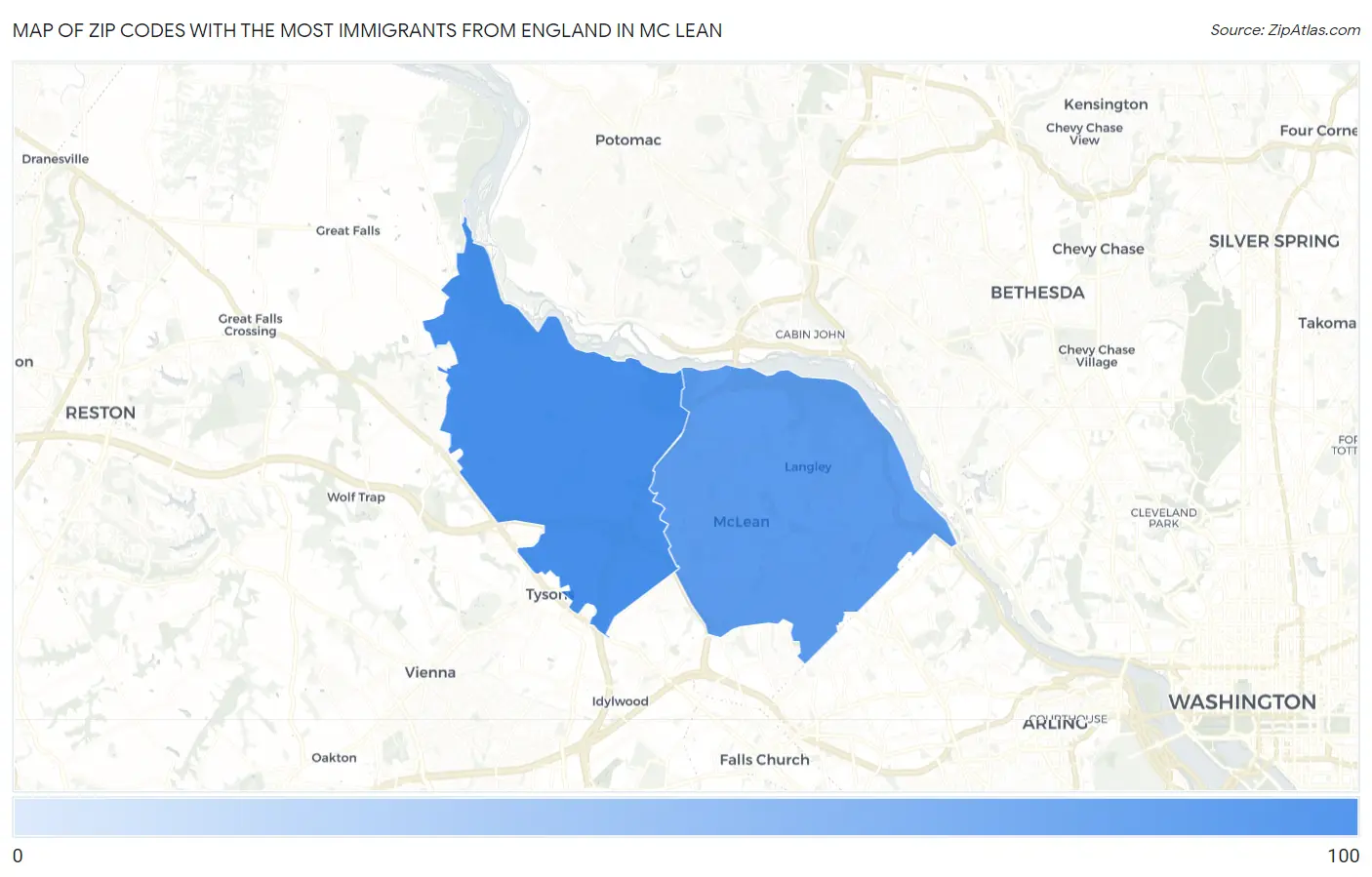 Zip Codes with the Most Immigrants from England in Mc Lean Map