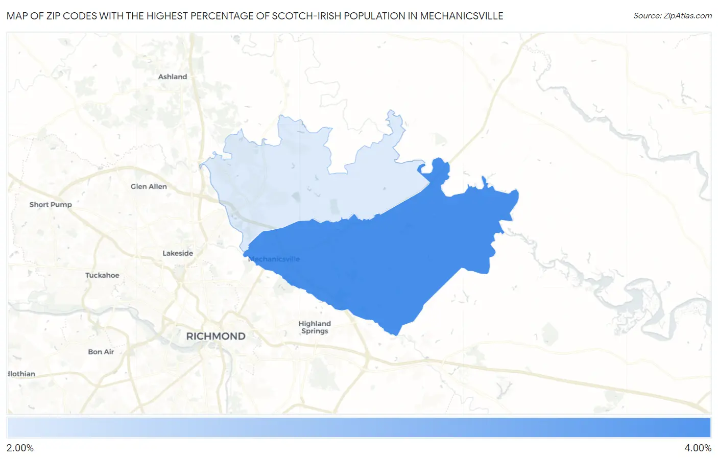 Zip Codes with the Highest Percentage of Scotch-Irish Population in Mechanicsville Map