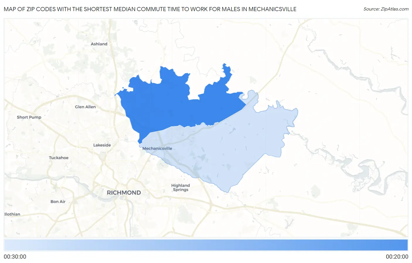 Zip Codes with the Shortest Median Commute Time to Work for Males in Mechanicsville Map