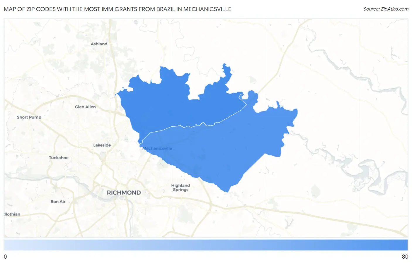 Zip Codes with the Most Immigrants from Brazil in Mechanicsville Map