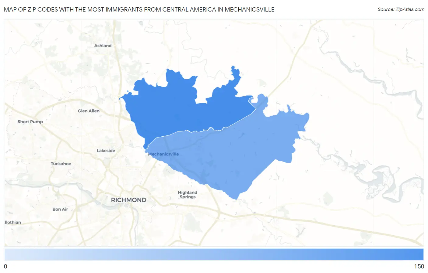 Zip Codes with the Most Immigrants from Central America in Mechanicsville Map