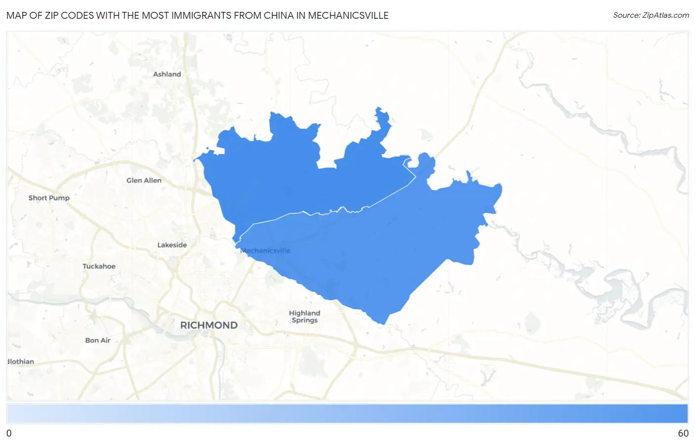 Zip Codes with the Most Immigrants from China in Mechanicsville Map