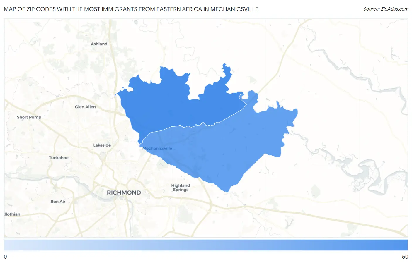 Zip Codes with the Most Immigrants from Eastern Africa in Mechanicsville Map