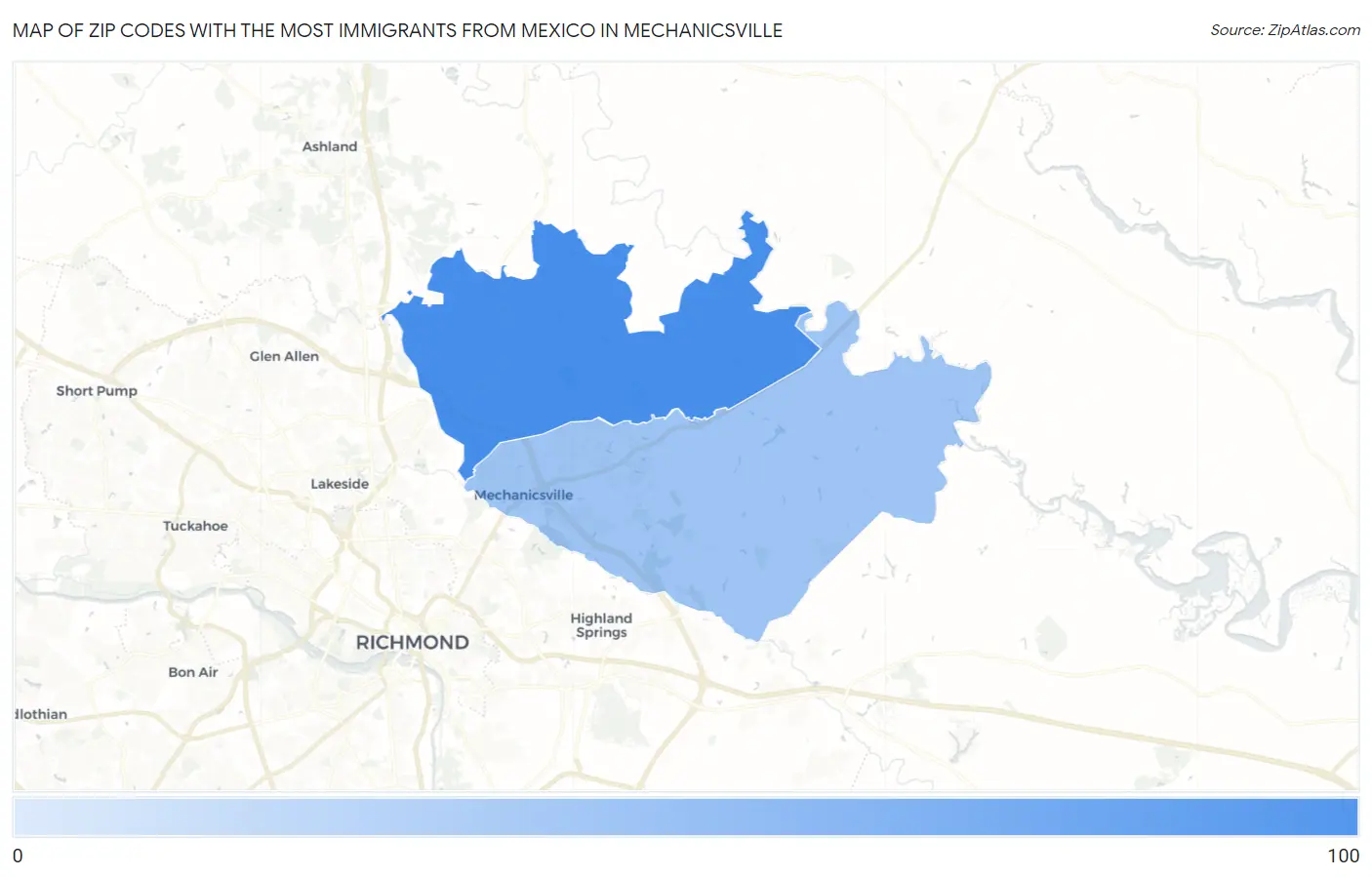 Zip Codes with the Most Immigrants from Mexico in Mechanicsville Map