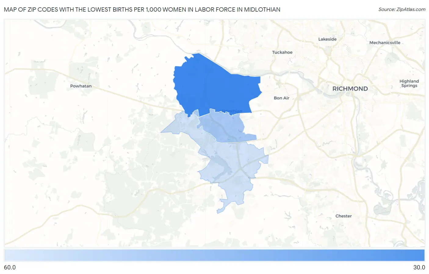 Zip Codes with the Lowest Births per 1,000 Women in Labor Force in Midlothian Map
