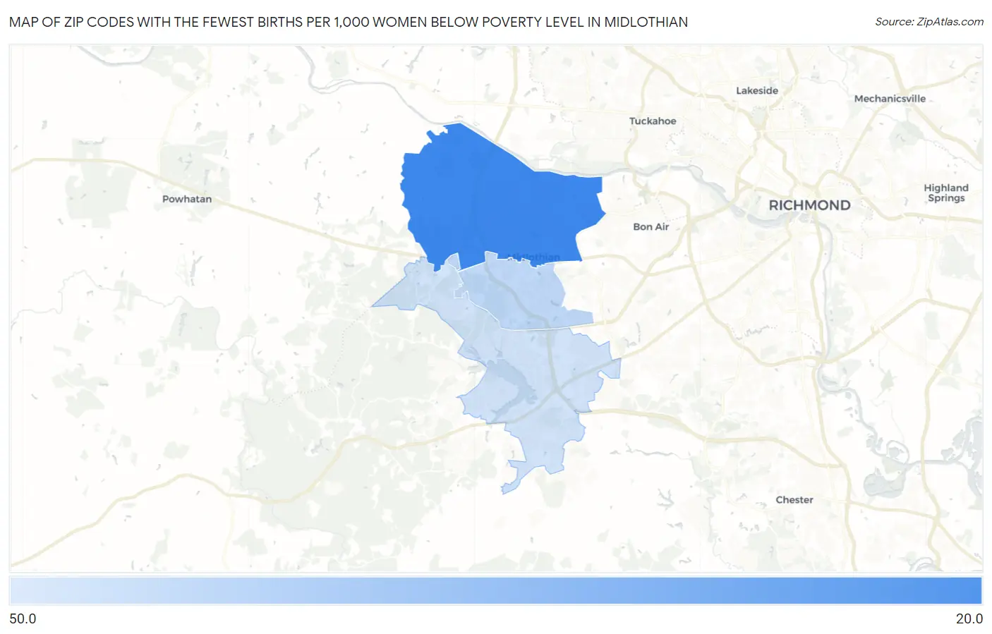 Zip Codes with the Fewest Births per 1,000 Women Below Poverty Level in Midlothian Map