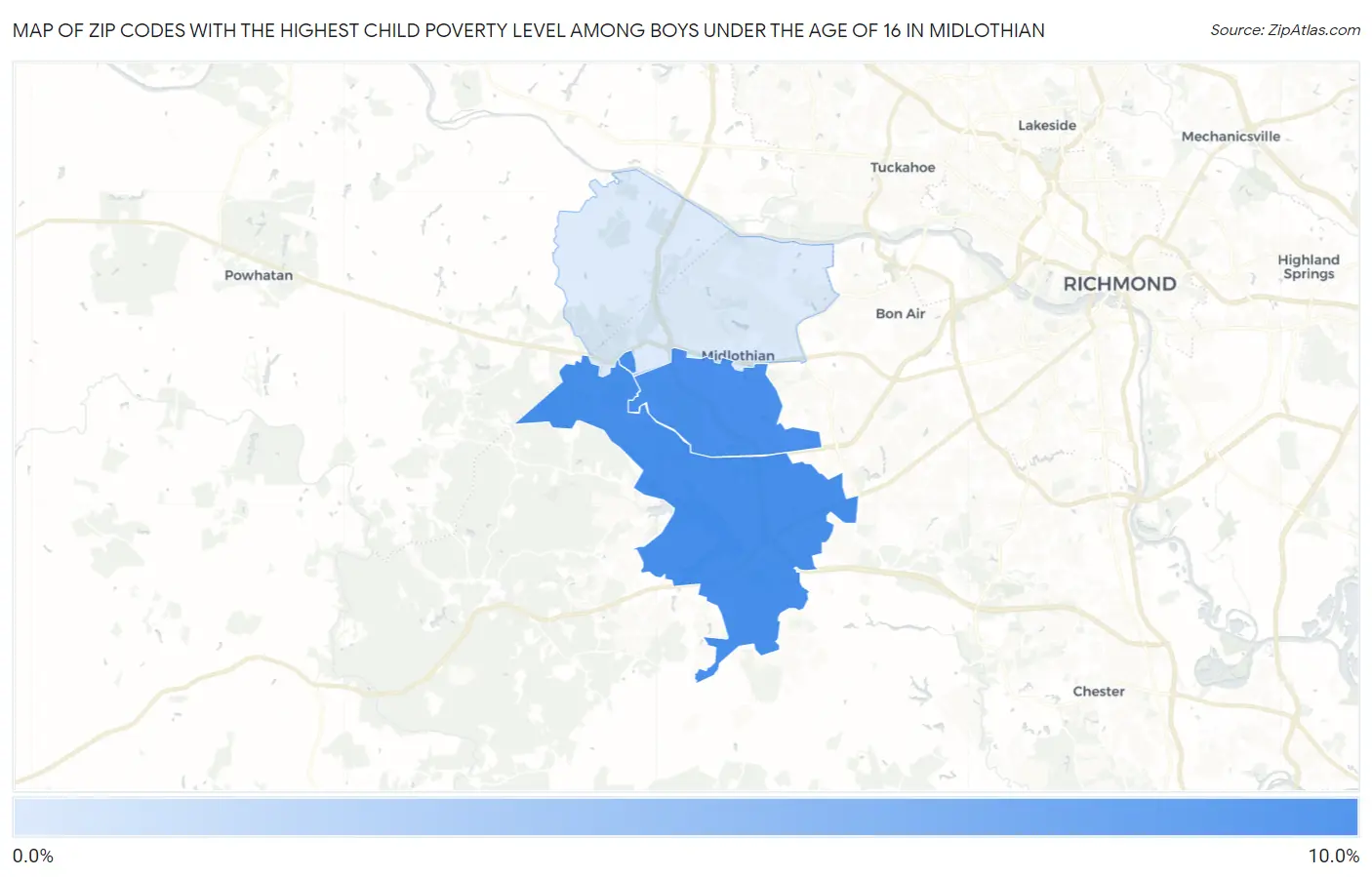 Zip Codes with the Highest Child Poverty Level Among Boys Under the Age of 16 in Midlothian Map