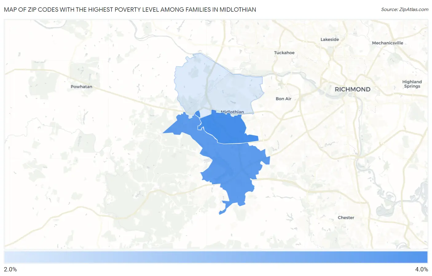 Zip Codes with the Highest Poverty Level Among Families in Midlothian Map
