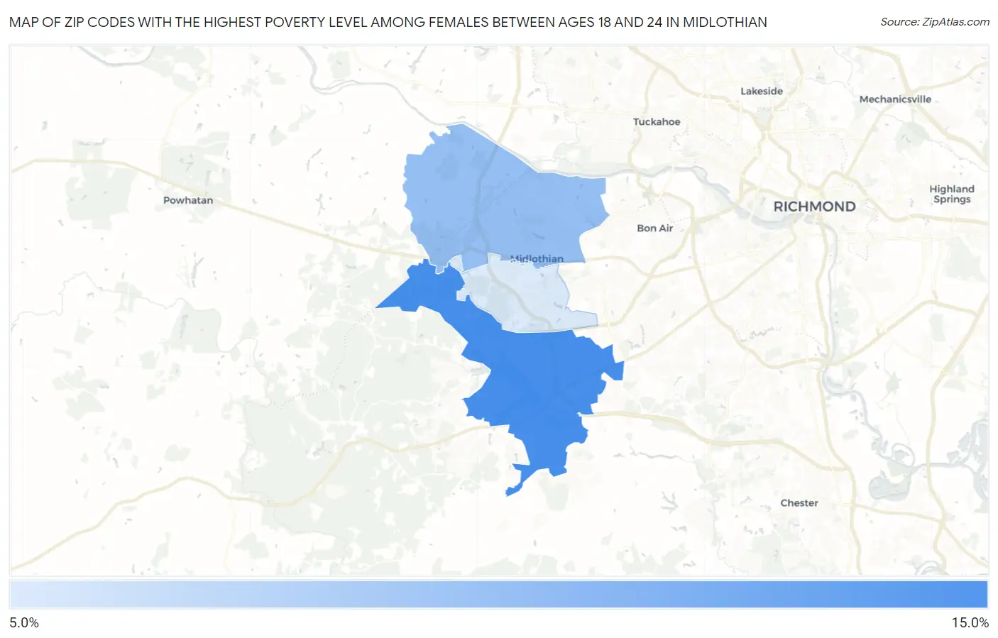 Zip Codes with the Highest Poverty Level Among Females Between Ages 18 and 24 in Midlothian Map