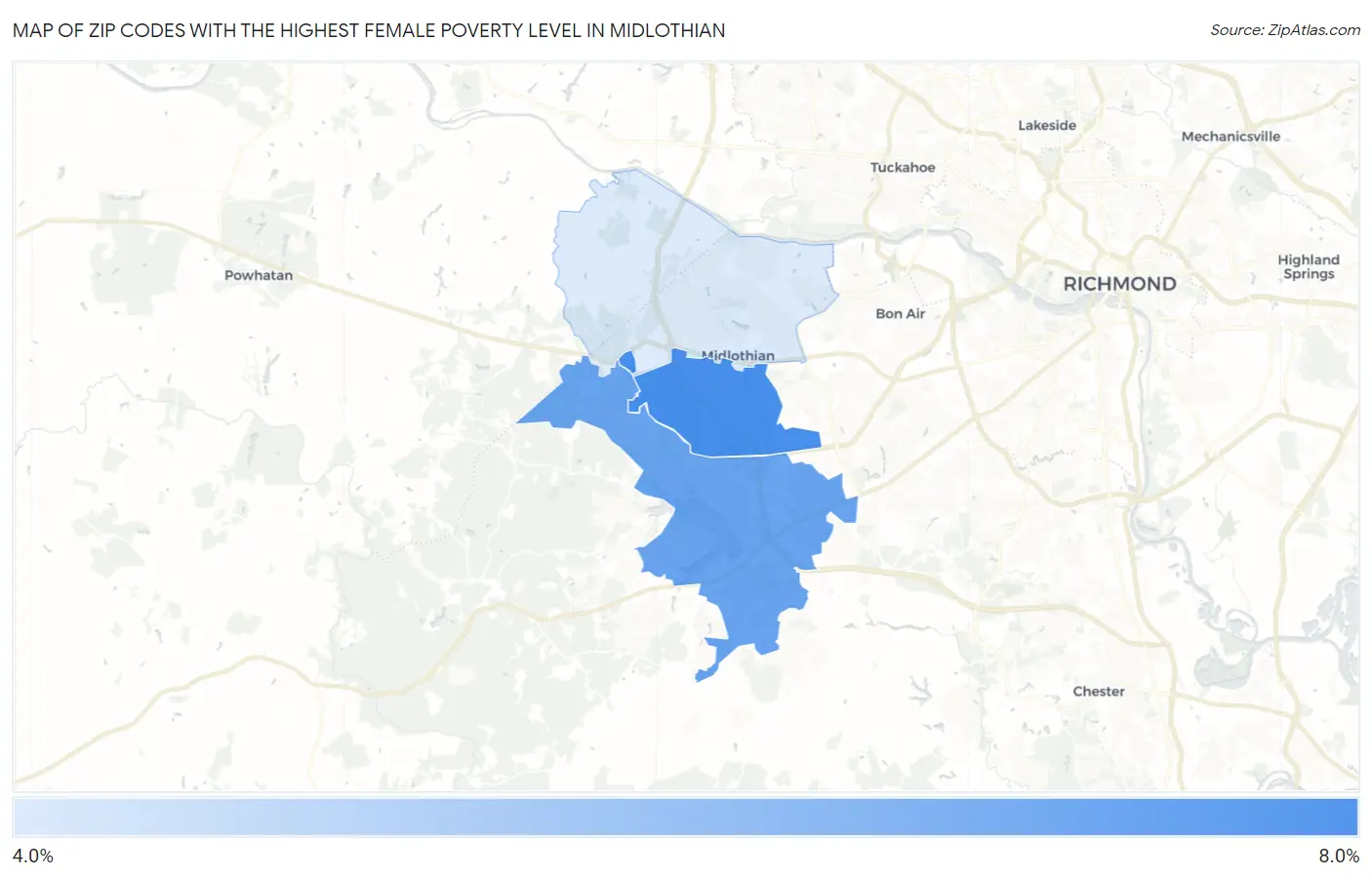 Zip Codes with the Highest Female Poverty Level in Midlothian Map